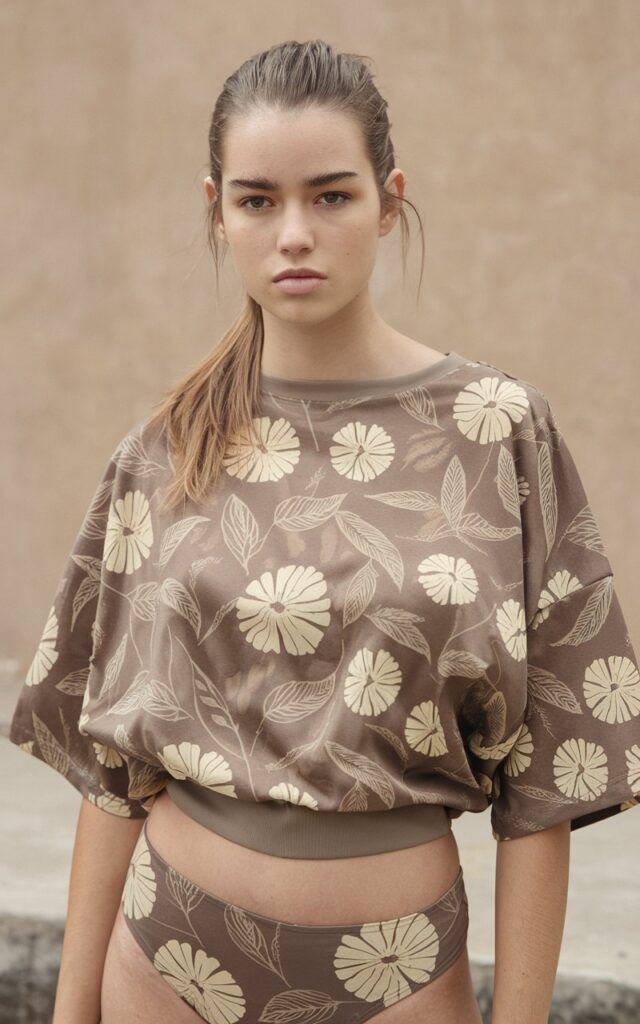 A natural-looking young woman wearing an oversized top paired with tight bottoms. Theme 80s outfits