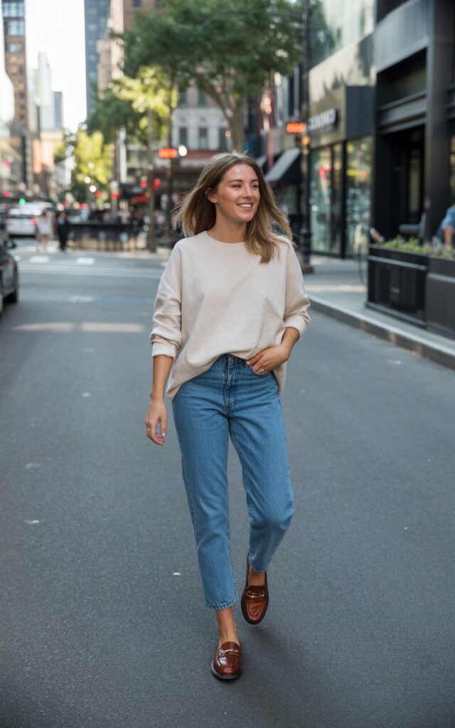 A natural-looking young woman wearing ankle-length jeans paired with loafers and a relaxed casual top. Theme downtown outfits