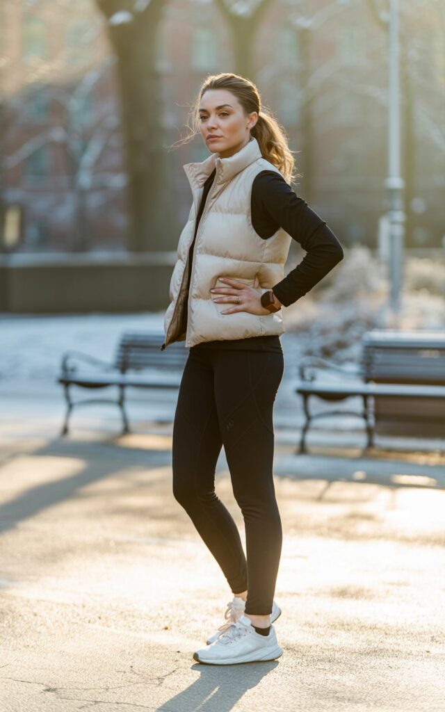 A natural-looking young woman wearing athleisure-style leggings paired with a puffer vest and sneakers. Theme legging outfits winter