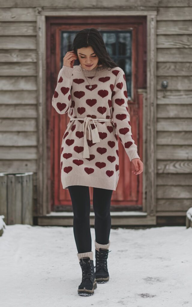 A natural-looking young woman wearing basic leggings layered under a belted sweater dress and boots. Theme legging outfits winter