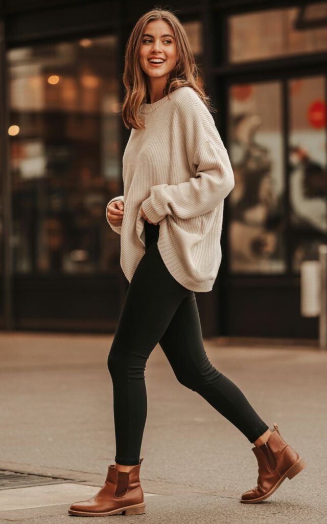 A natural-looking young woman wearing black leggings, ankle boots, and an oversized cozy sweater. Theme leggings and boots outfit