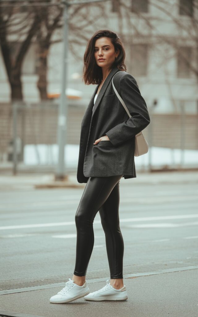 A natural-looking young woman wearing black leggings styled with a structured blazer and minimalist footwear. Theme legging outfits winter