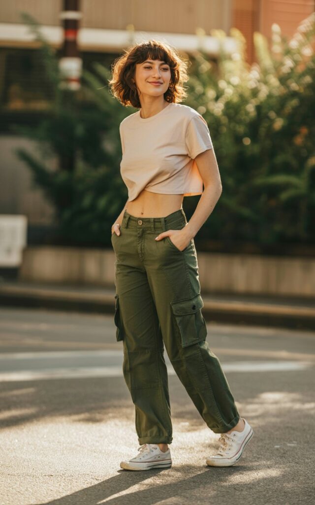 A natural-looking young woman wearing cargo pants styled with a cropped tee and casual sneakers. Theme chill outfits