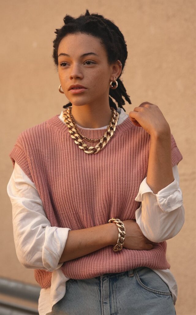 A natural-looking young woman wearing chunky gold jewelry as bold accessories. Theme 80s outfits
