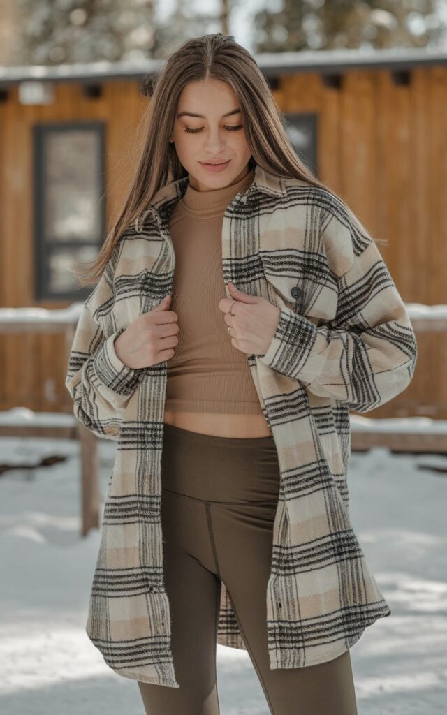 A natural-looking young woman wearing classic leggings paired with a shacket layered over basic winter tops. Theme legging outfits winter
