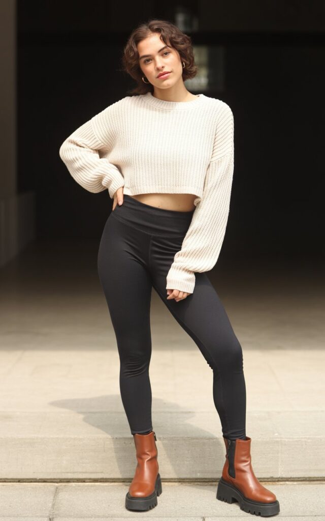 A natural-looking young woman wearing classic leggings, platform boots, and a cropped knit sweater. Theme leggings and boots outfit
