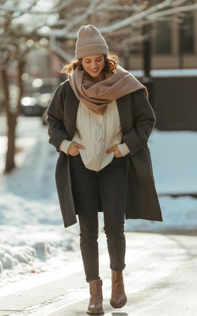 A natural-looking young woman wearing classic winter layers including knits, denim, and everyday boots. Theme cute casual winter outfits