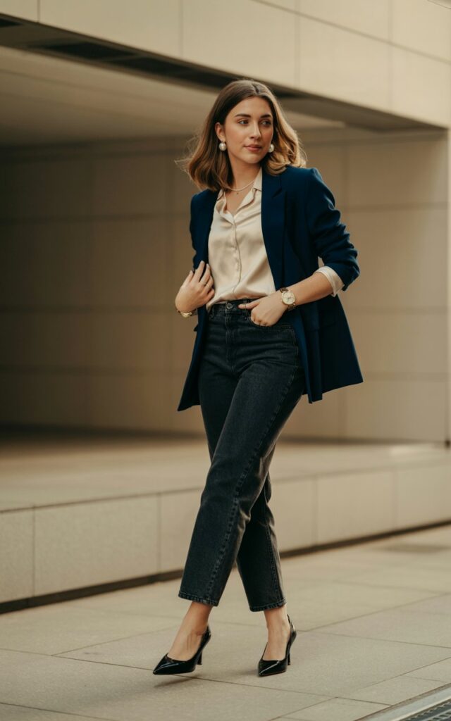 A natural-looking young woman wearing dark denim styled with a polished blouse and heels. Theme semi formal outfits for women