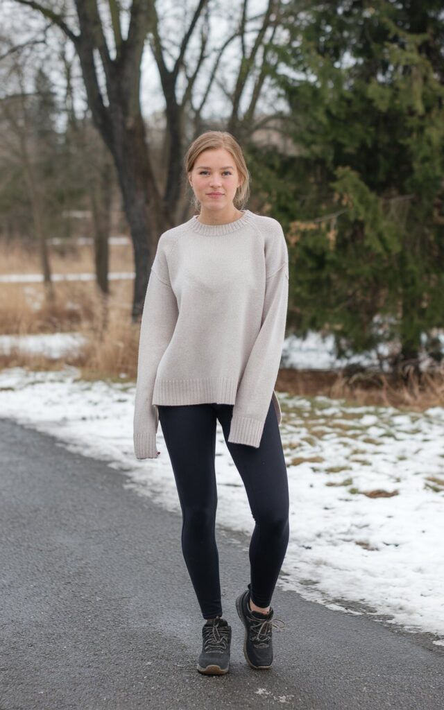 A natural-looking young woman wearing dark leggings paired with a light neutral sweater and winter shoes. Theme legging outfits winter