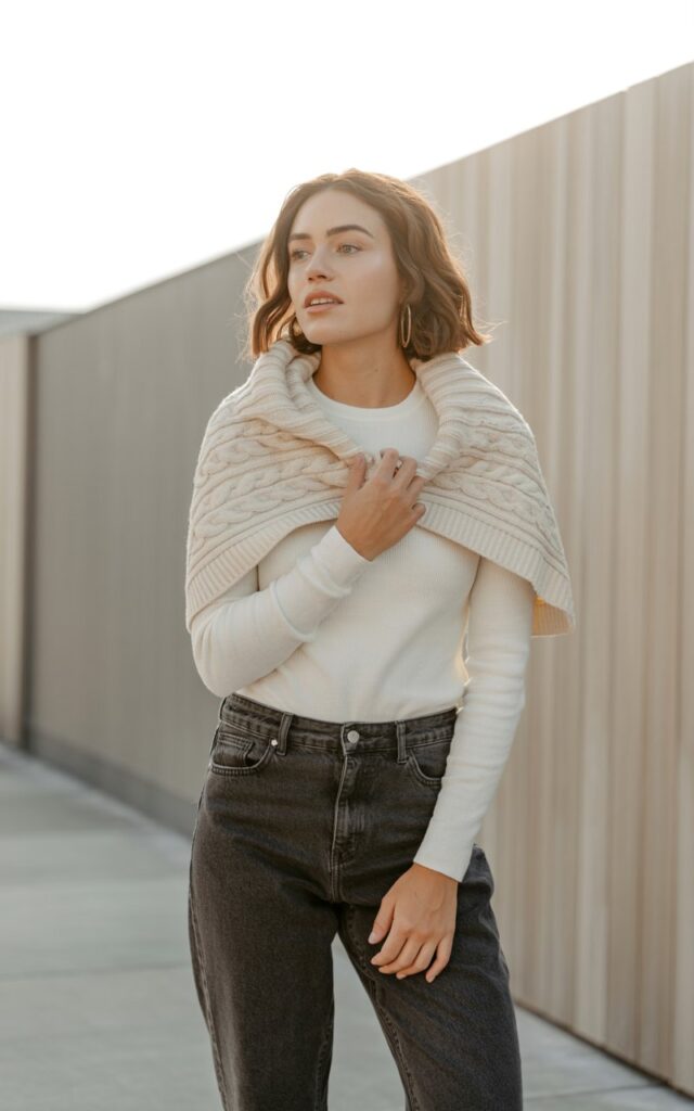 A natural-looking young woman wearing denim with a sweater casually draped over her shoulders. Theme stylish outfits