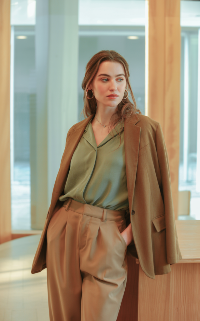 A natural-looking young woman wearing earth-tone separates styled in an effortless, coordinated look. Theme casual work outfits