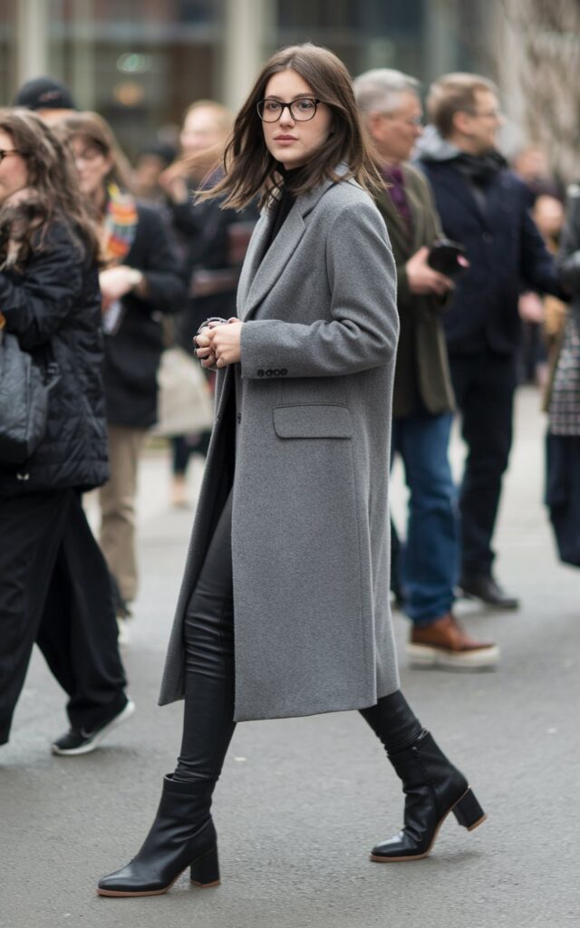A natural-looking young woman wearing everyday leggings, block-heel boots, and a tailored coat. Theme leggings and boots outfit