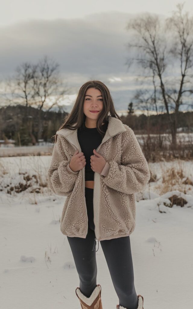 A natural-looking young woman wearing everyday leggings paired with a cozy sherpa jacket and boots. Theme legging outfits winter