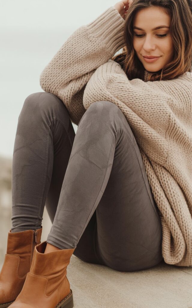 A natural-looking young woman wearing faux suede leggings, slouchy boots, and a chunky knit sweater. Theme leggings and boots outfit