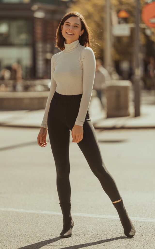 A natural-looking young woman wearing high-waisted leggings, sock boots, and a fitted turtleneck. Theme leggings and boots outfit
