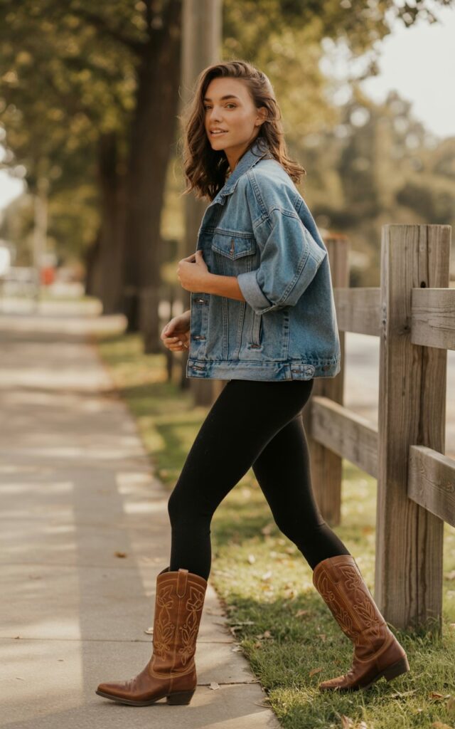 A natural-looking young woman wearing leggings, Western boots, and an oversized denim jacket. Theme leggings and boots outfit