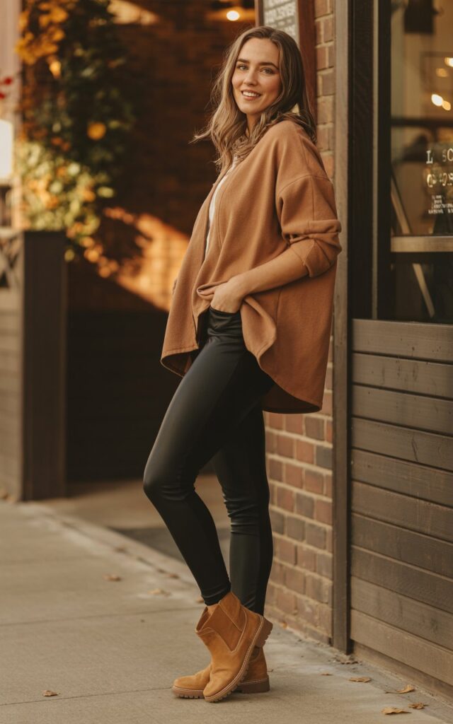 A natural-looking young woman wearing leggings, ankle boots, and a cozy shacket. Theme leggings and boots outfit