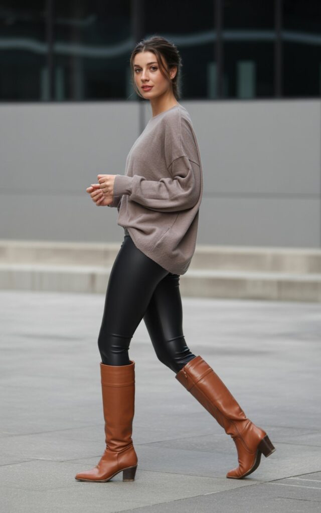 A natural-looking young woman wearing leggings, tall leather boots, and a monochrome top. Theme leggings and boots outfit