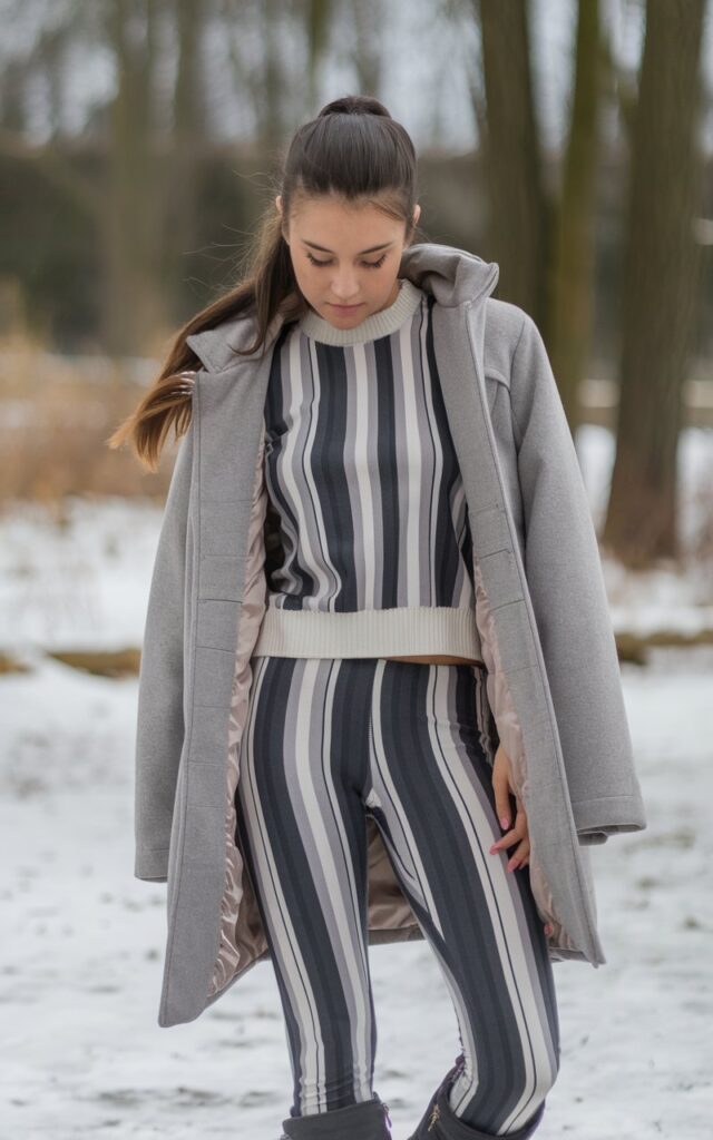 A natural-looking young woman wearing matching monochrome leggings and a knit top layered with a winter coat. Theme legging outfits winter