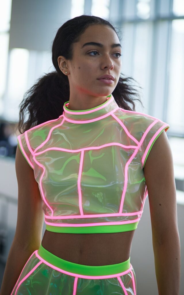 A natural-looking young woman wearing neon colors from head to toe. Theme 80s outfits