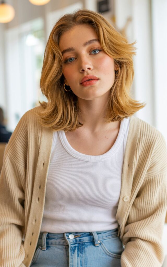 A natural-looking young woman wearing neutral layered clothing styled with minimal makeup. Theme rachel green outfits