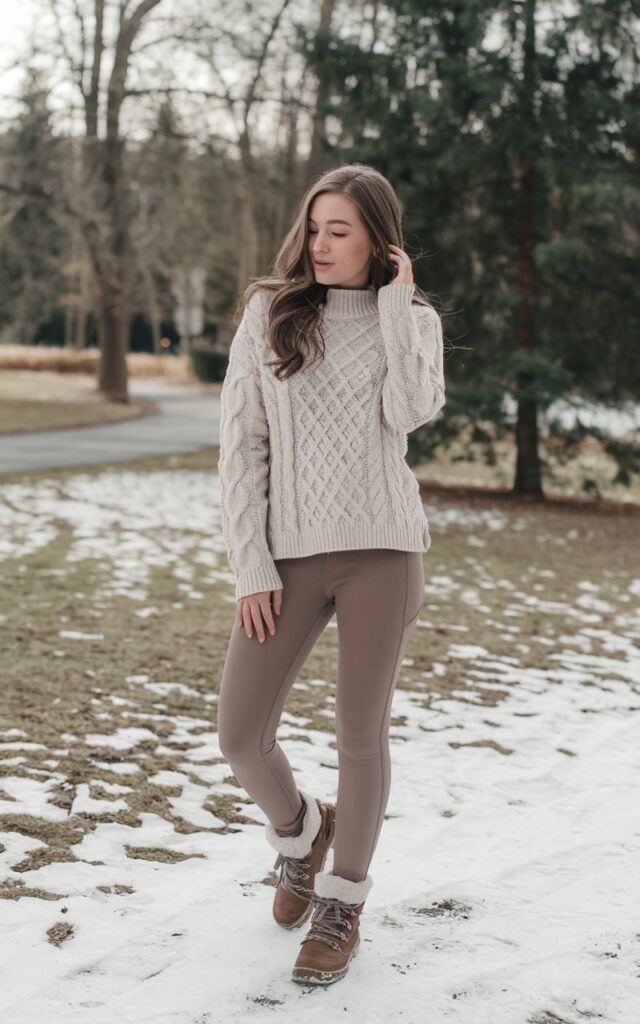 A natural-looking young woman wearing neutral-toned leggings styled with a cable-knit sweater and winter footwear. Theme legging outfits winter