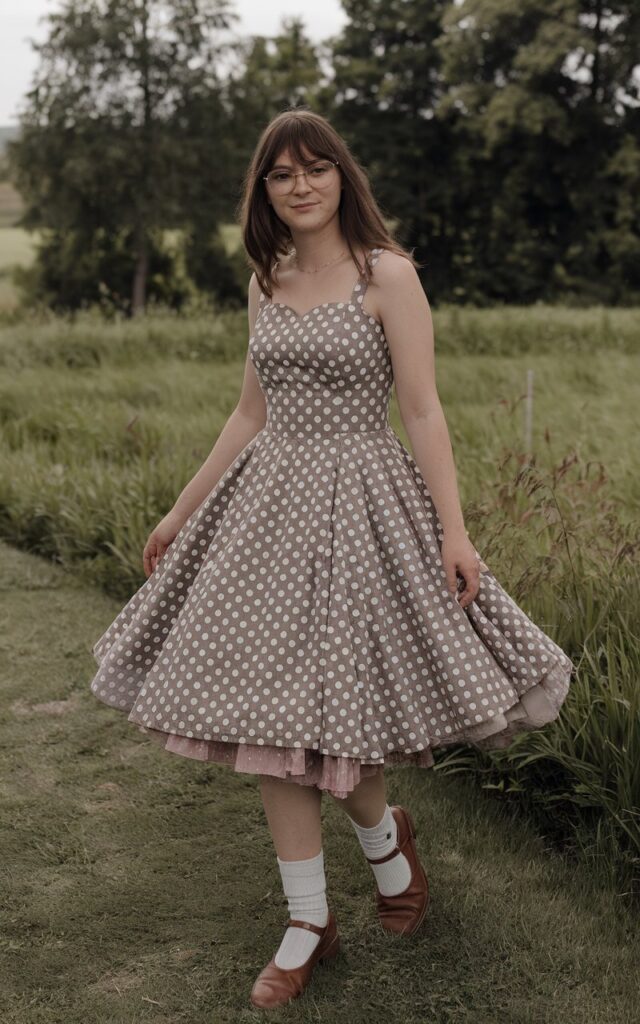 A natural-looking young woman wearing polka dots or loud geometric prints. Theme 80s outfits