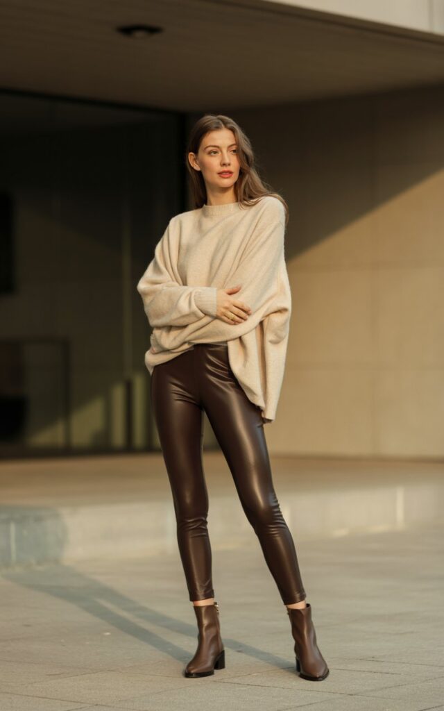 A natural-looking young woman wearing shiny leggings, matte boots, and a soft cashmere sweater. Theme leggings and boots outfit