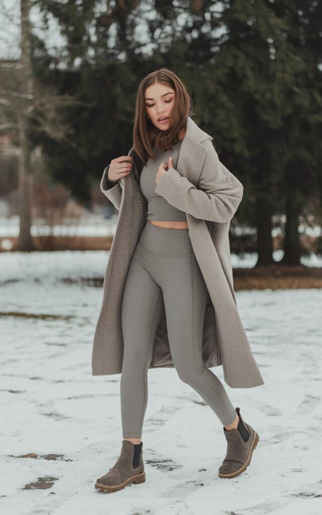 A natural-looking young woman wearing sleek neutral leggings styled with a wool coat and ankle boots. Theme legging outfits winter