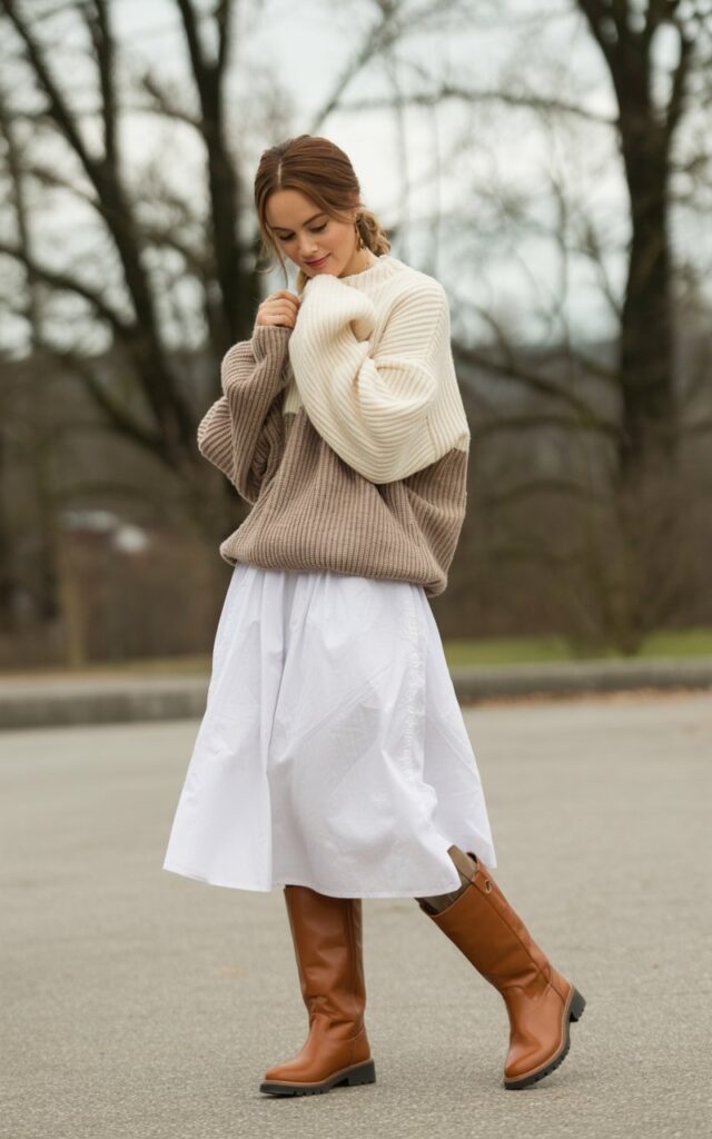 A natural-looking young woman wearing textured knit layers paired with a white skirt and winter boots. Theme white skirt outfit winter