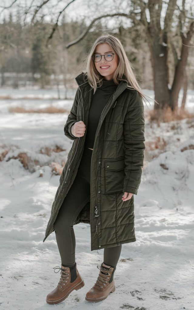 A natural-looking young woman wearing thermal leggings styled with a longline winter coat and boots. Theme legging outfits winter