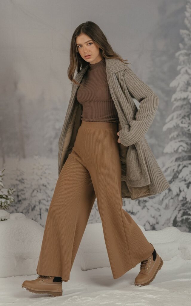 A natural-looking young woman wearing wide-leg pants paired with a fitted knit top and winter footwear. Theme winter outfits aesthetic