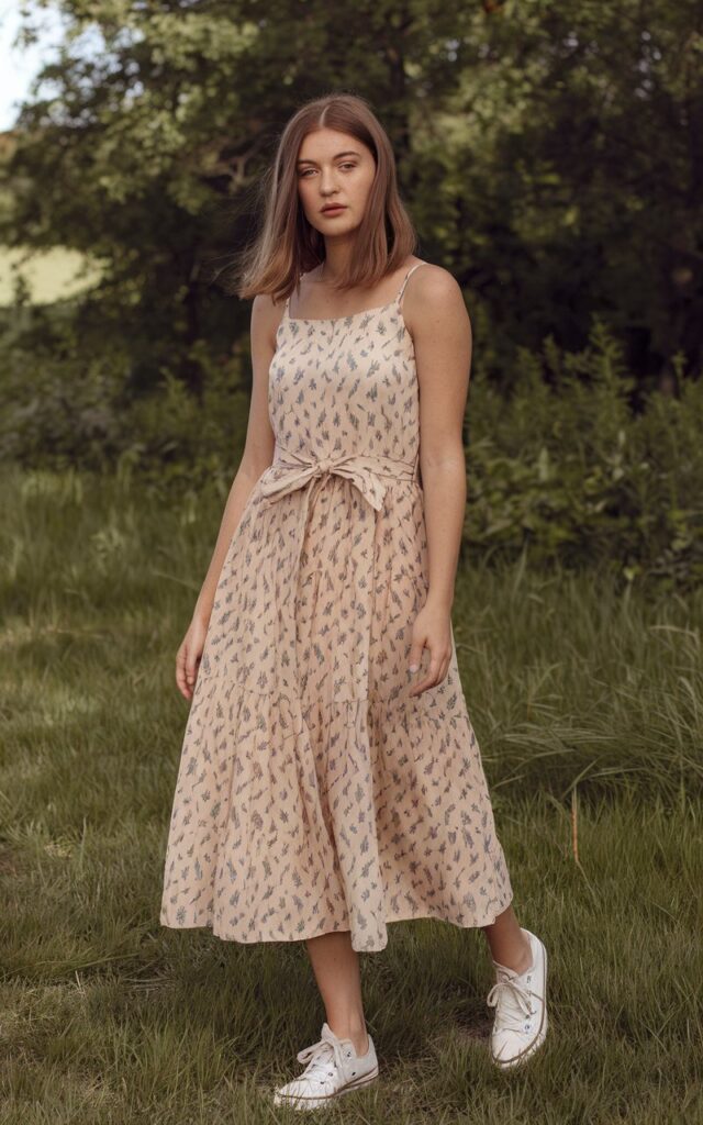 A photo of a natural-looking young woman wearing a breezy outfit grounded with classic white sneakers. She has shoulder-length brown hair and is wearing a beige, sleeveless dress with a floral pattern. The dress is tied at the waist with a beige ribbon. She is wearing white sneakers. The background is a lush green field. The lighting is soft.