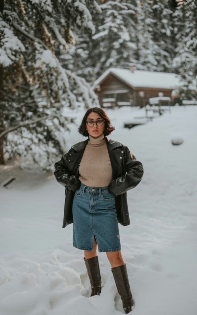 A photo of a natural-looking young woman wearing a denim skirt outfit styled with a leather jacket and winter footwear. She is standing outside in a snowy landscape, with trees covered in snow and a distant building. The woman is wearing a beige turtleneck sweater underneath the leather jacket. Her denim skirt is high-waisted and reaches her knees. She wears dark brown leather boots that cover her knees. The woman has dark hair and wears a pair of dark-colored glasses.