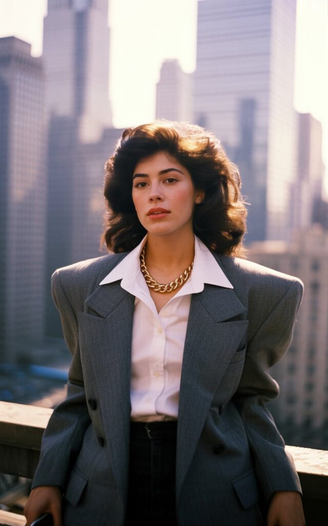 A photo of a natural-looking young woman wearing a sharp shoulder-pad blazer styled for power dressing. She has dark hair and is wearing a white shirt and a necklace. The background is blurred and contains a cityscape with skyscrapers. The image has a vintage feel and is representative of 80s outfits.