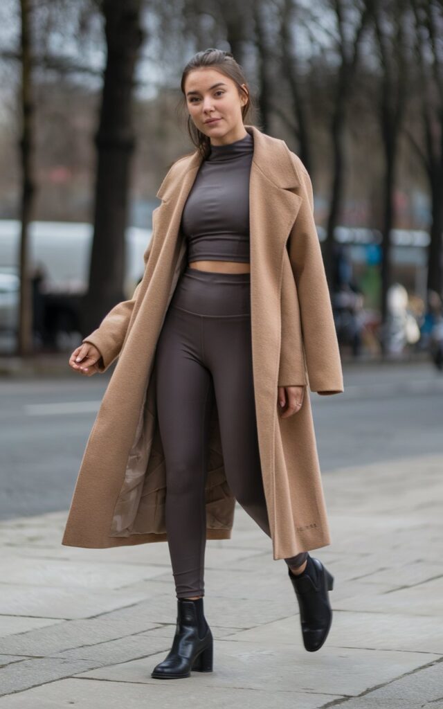 A photo of a natural-looking young woman wearing leggings and a longline coat. She has a stylish outfit, with the leggings being high-waisted and the coat having a wide lapel. The coat is a warm beige colour, and the leggings are a dark grey. She is wearing black ankle boots. The background is a city street with trees.