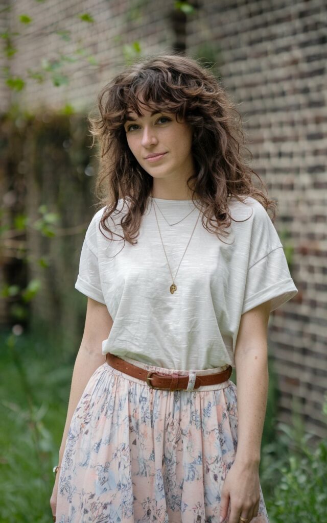 A photo of a stylish outfit. A natural-looking young woman with curly brown hair is wearing a feminine skirt with a floral pattern and a slightly boxy white tee. She is wearing a brown belt around her waist and has a gold necklace around her neck. She is standing outdoors against a brick wall. The background is blurred and contains greenery. The lighting is soft.
