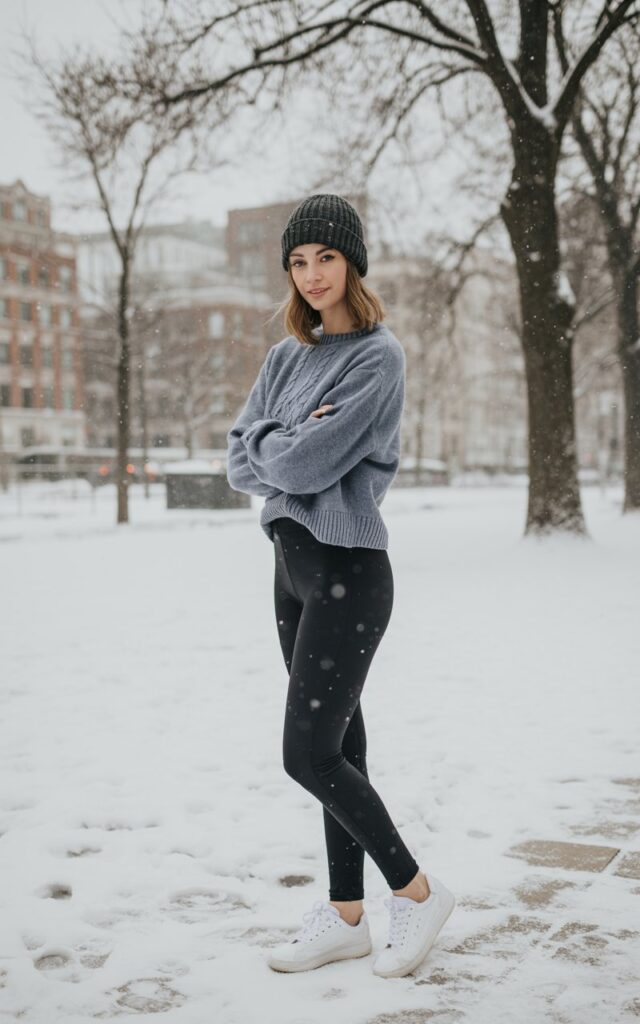 A photo of a young woman wearing a cozy outfit for winter. She is wearing black leggings, white sneakers, a grey top with a pattern, and a beanie. The woman has a natural look, with her hair styled casually. She is standing outdoors in a snowy landscape, with trees and buildings in the background.