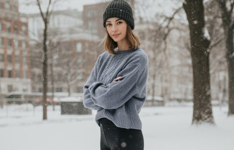 A photo of a young woman wearing a cozy outfit for winter. She is wearing black leggings, white sneakers, a grey top with a pattern, and a beanie. The woman has a natural look, with her hair styled casually. She is standing outdoors in a snowy landscape, with trees and buildings in the background.