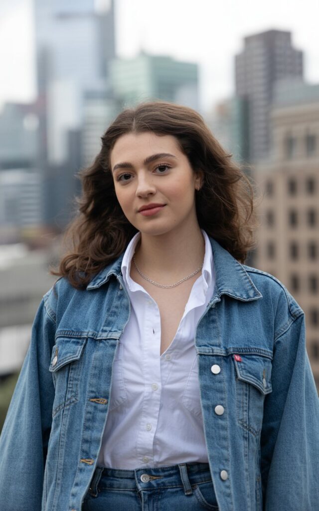 A photo of a young woman with natural-looking features wearing a denim jacket and matching denim jeans. Her dark hair is styled in loose waves. She wears a white shirt underneath the jacket and has a necklace. The background is a blurred cityscape with buildings. The lighting is soft.