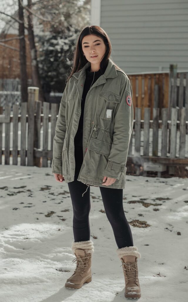 A photo of a young woman with natural-looking features wearing a utility jacket over fleece-lined leggings and combat boots. She is standing outdoors in a snowy environment. The background reveals a wooden fence and a house. The lighting is bright.
