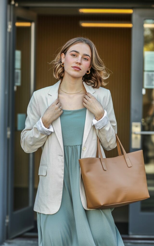 A photograph of a natural-looking young woman in her twenties wearing a flowing midi dress in soft sage green, layered with a tailored cream linen blazer. She has shoulder-length wavy brown hair and minimal makeup, standing confidently with one hand adjusting her jacket collar and the other holding a leather tote bag. Her outfit is completed with comfortable nude block heels and delicate gold jewelry, creating an effortlessly polished look. The background shows a modern office building entrance with warm natural lighting, suggesting a perfect balance between professional and approachable style.