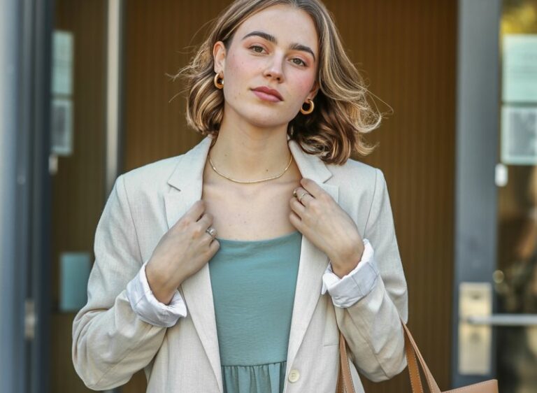 A photograph of a natural-looking young woman in her twenties wearing a flowing midi dress in soft sage green, layered with a tailored cream linen blazer. She has shoulder-length wavy brown hair and minimal makeup, standing confidently with one hand adjusting her jacket collar and the other holding a leather tote bag. Her outfit is completed with comfortable nude block heels and delicate gold jewelry, creating an effortlessly polished look. The background shows a modern office building entrance with warm natural lighting, suggesting a perfect balance between professional and approachable style.