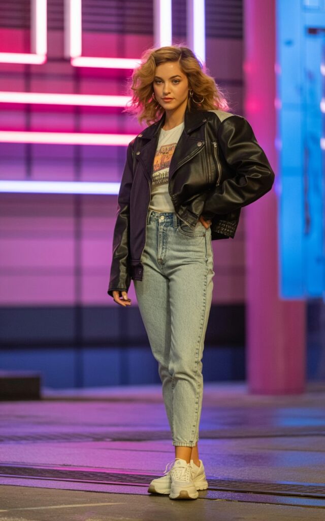 A photograph of a natural-looking young woman styled in authentic 1980s fashion, wearing a black leather jacket with shoulder pads over a fitted graphic tee. She pairs the jacket with high-waisted acid-washed skinny jeans and chunky white sneakers, her hair styled in loose, voluminous waves with subtle highlights. She stands confidently against a neon-lit urban backdrop with geometric patterns and vibrant pink and blue lighting. The scene captures the bold, rebellious spirit of 80s street style with warm, cinematic lighting that emphasizes the leather's texture and the decade's distinctive aesthetic.