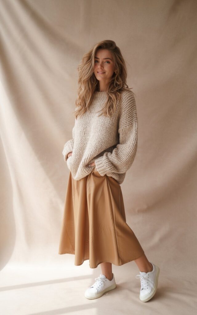 A photograph of a natural-looking young woman with soft, tousled hair wearing a cozy oversized cream-colored chunky knit sweater. She pairs the sweater with a flowing midi skirt in warm camel or dusty rose, and clean white leather sneakers that add a casual, youthful touch to the outfit. The woman stands in a relaxed pose against a soft neutral background, with gentle natural lighting highlighting the textures of her cozy winter ensemble. The overall styling captures an effortlessly cute and approachable winter aesthetic with warm, muted tones and comfortable layers.