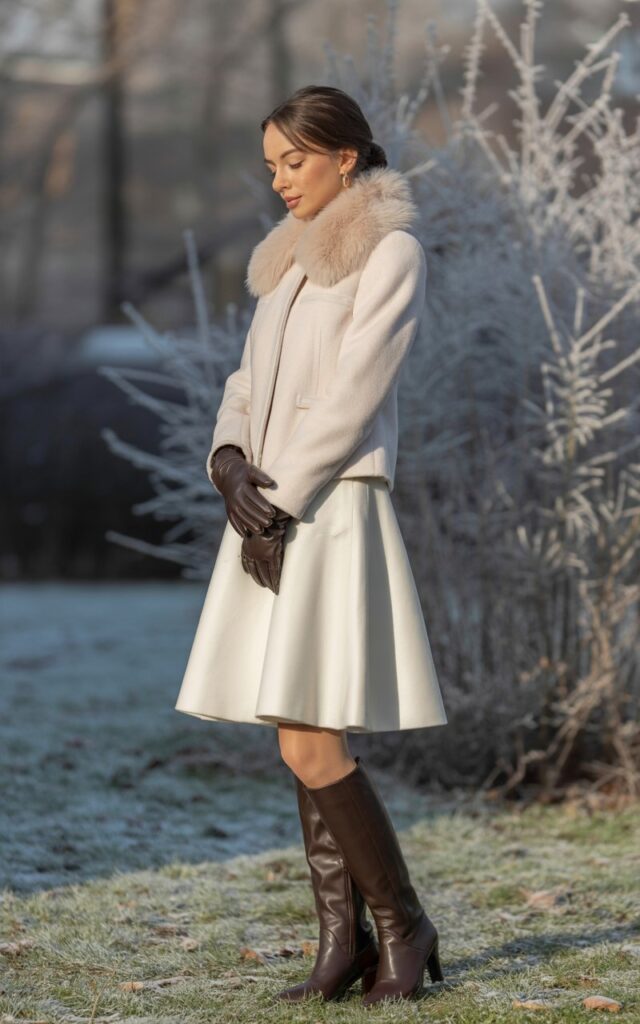 A photograph of a young woman in an elegant winter outfit, standing gracefully with natural posture and a gentle expression. She wears a crisp white wool skirt that falls to mid-thigh, paired with a luxurious cream-colored winter coat with subtle tailoring and a soft fur-trimmed collar. Her outfit is completed with supple black leather gloves that extend past her wrists and knee-high brown leather boots with a subtle heel. The scene is set against a soft winter backdrop with muted natural lighting, creating a sophisticated and seasonally appropriate atmosphere with hints of frost-kissed branches or snow-dusted ground in the background.