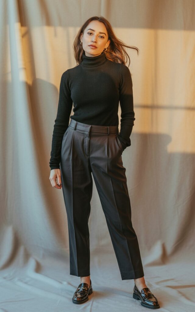 A portrait photograph of a confident young woman in contemporary semi-formal attire, featuring a fitted black turtleneck sweater and tailored charcoal ankle-length trousers. She stands with a relaxed, professional posture, her hands casually positioned at her sides, wearing polished brown leather loafers that complement the sophisticated yet approachable ensemble. Her natural makeup is subtle and fresh, with her hair styled in a modern, effortless way that frames her face beautifully. The background is a soft, neutral studio setting with warm lighting that highlights the texture of the fabrics and creates a clean, editorial fashion photography aesthetic.