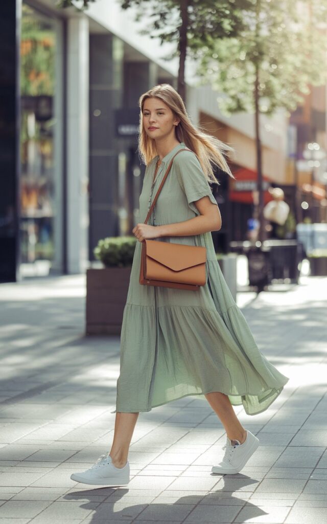A street style photograph of a natural-looking young woman walking through a bustling downtown area, wearing a flowing midi dress in soft sage green that catches the gentle breeze. She pairs the dress with pristine white canvas sneakers and carries a structured tan leather shoulder bag across her body, creating an effortless blend of feminine and casual style. The urban backdrop features modern storefronts, tree-lined sidewalks, and soft afternoon sunlight filtering through the city canopy. Her relaxed posture and confident stride embody the perfect balance of comfort and style for contemporary city living.