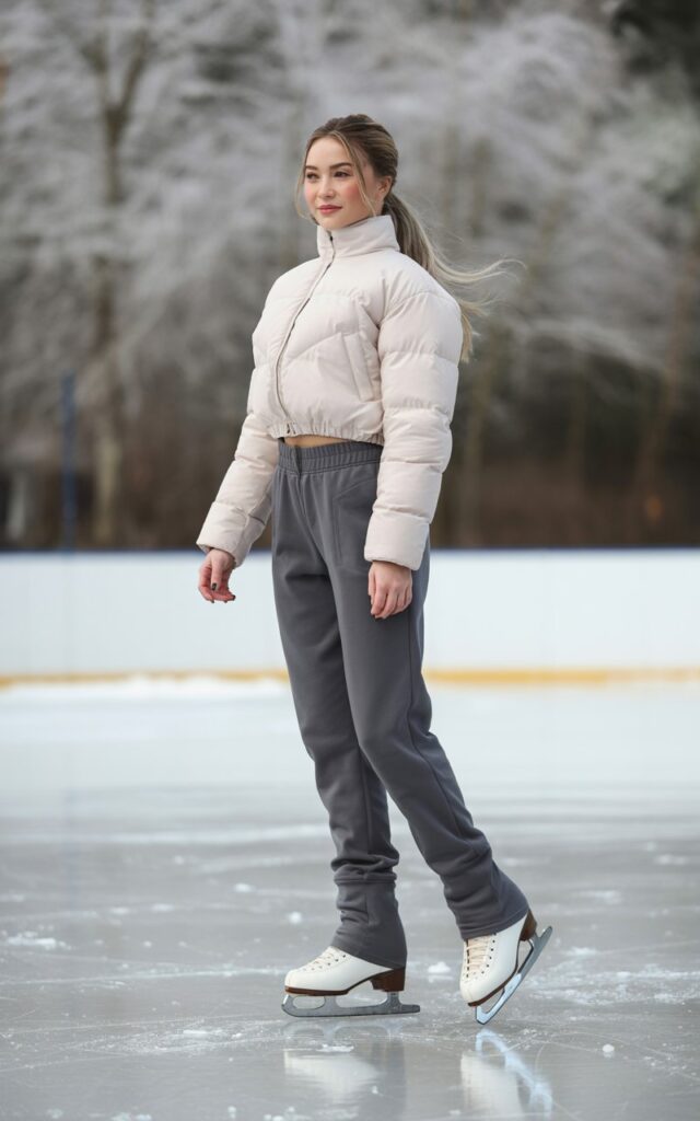 A fashion photograph of a natural-looking young woman in a stylish ice skating outfit, featuring a fitted cropped puffer jacket in soft ivory white paired with high-rise joggers in charcoal gray. She has rosy cheeks from the cold air and her hair is pulled back in a sleek ponytail, with a few strands framing her face naturally. The woman stands confidently on ice skates, positioned on a smooth outdoor ice rink with subtle reflections beneath her feet. The background shows a winter landscape with bare trees and soft, overcast lighting that creates a crisp, fresh atmosphere perfect for outdoor skating.