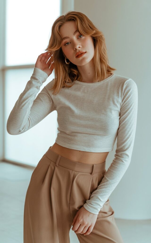 A fashion photograph of a natural-looking young woman in her twenties with soft, tousled hair and minimal makeup. She wears a fitted long-sleeve crop top in cream or soft beige paired with high-waisted wide-leg pants in a complementary neutral tone, creating an effortlessly chic silhouette. Her pose is relaxed and confident, with one hand gently touching her hair and the other resting at her side, showcasing the balanced proportions of the outfit. The background features soft natural lighting with a clean, minimalist setting that emphasizes the modern casual elegance of the crop top styling.